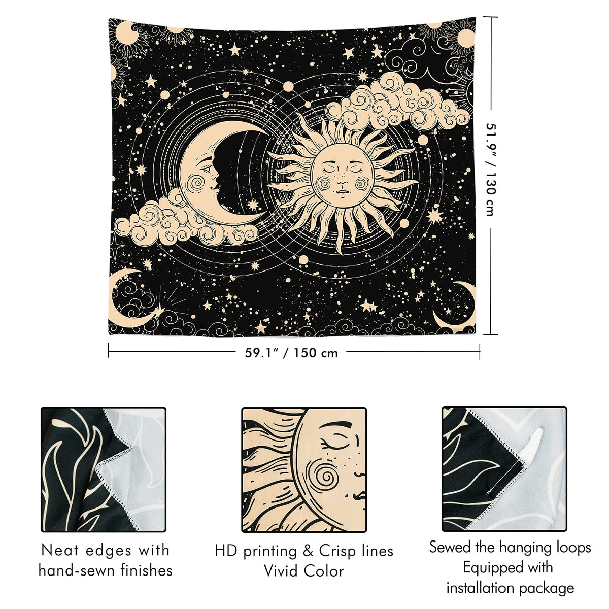 HASTHIP Sun and Moon Tapestry for Bedroom and Living Room Decor 51x59 in 2PCS Polyester Wall Art