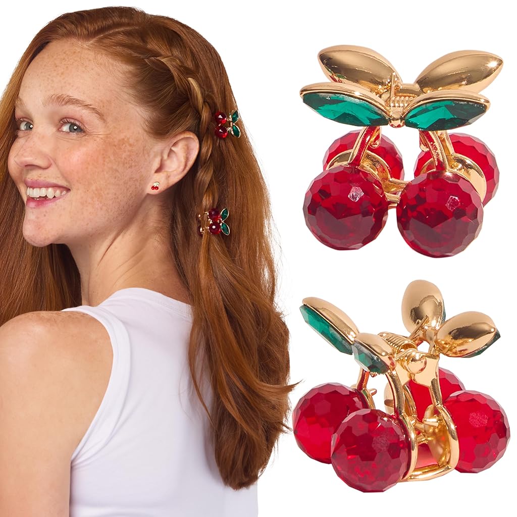 HASTHIP® Pinzas de Pelo Pequeñas para Mujer - Clips de Cereza con Strass | Mini Claw Clips Antideslizantes con Resorte Metálico | Fuerte Sujeción Antióxido para Peinados Elegantes y Medios -