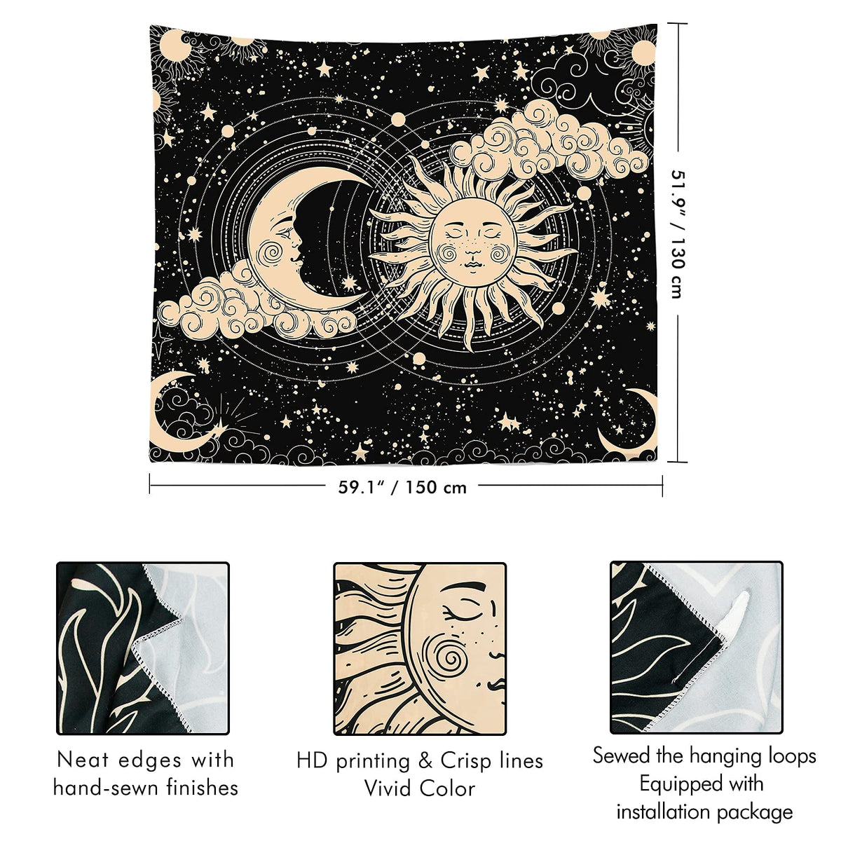 HASTHIP Sun and Moon Tapestry for Bedroom and Living Room with HD Print | 51x59 in Polyester Wall Art