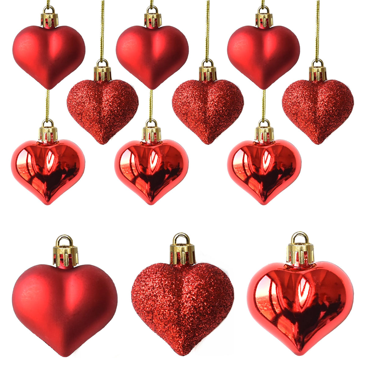 HASTHIP® PALAY 12 Pcs Decoración Colgante de Corazones Rojos para San Valentín Dormitorio y Hogar, Mezcla Mate/Brillante/Glitter con Decoración Roja para Parejas Regalo para Novia Novio