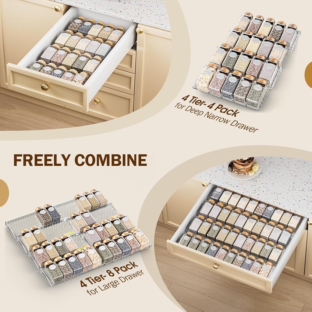 HASTHIP Countertop Seasoning Jar Racks for Kitchen Organization with 4 Tier Stepped Display and Clear Acrylic 11x19 in | Stable Anti Skid Base