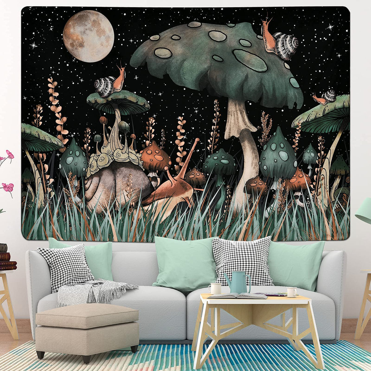 Trippy Mushroom Tapestry, Moon And Stars Tapestry Snail Tapestry Fantasy Plants And Leaves Tapestry Wall Art Tapestry Bed Cover Wall Hanging For Room(51.2 X 59.1 Inches)