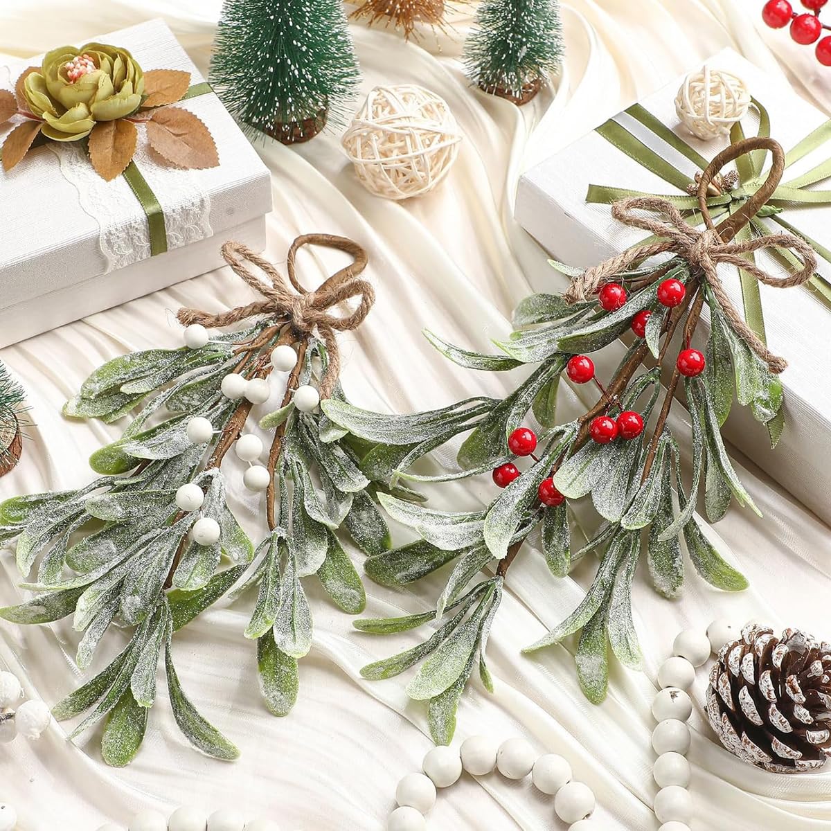 HASTHIP Artificial Christmas Mistletoe for Doors and Walls with Rope Hanging | 2 PCS 9 in Branches with Red and White Berries