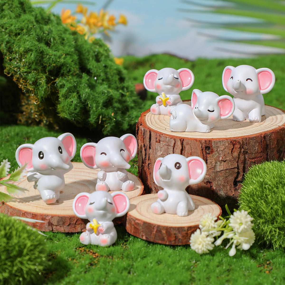 HASTHIP Elephant Miniature Decor for Garden and Flower Pots featuring 7Pcs Resin Figurines | Cute Desk and Dollhouse Decorations
