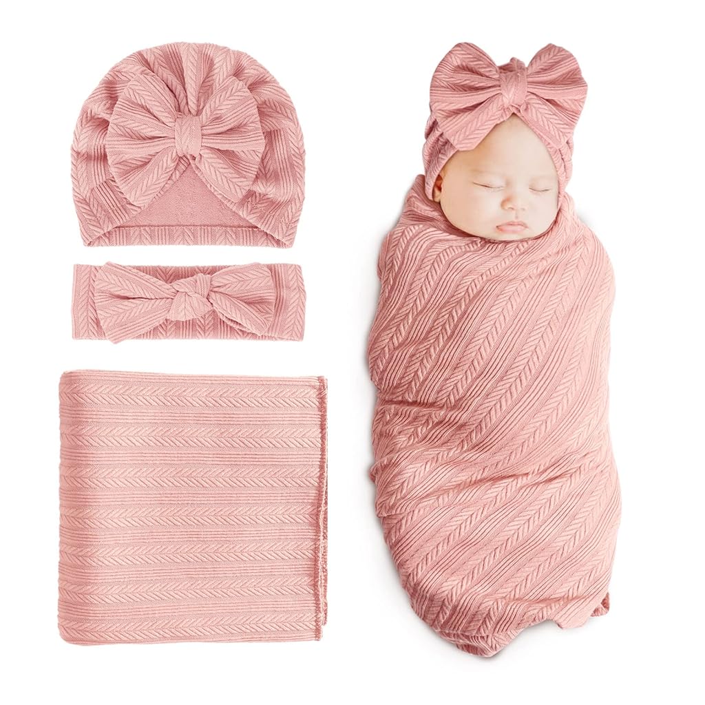 HASTHIP® SNOWIE Soft Juego de 3 Piezas para recién Nacido, Suave Manta Envolvente con Gorro Turbante con Lazo y Cinta, Manta Transpirable para Fotos, sueño y Regalo de Baby Shower
