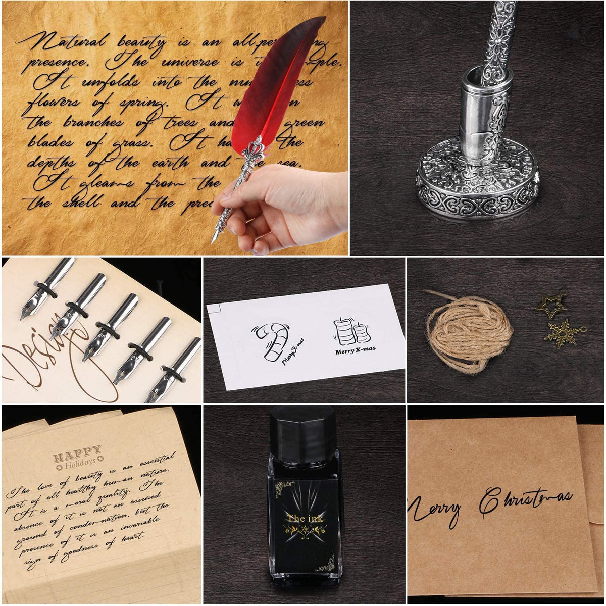HASTHIP English Calligraphy Feather Dip Quill Pen Set with 5 Nibs and 15ml Ink | Red Gift Box