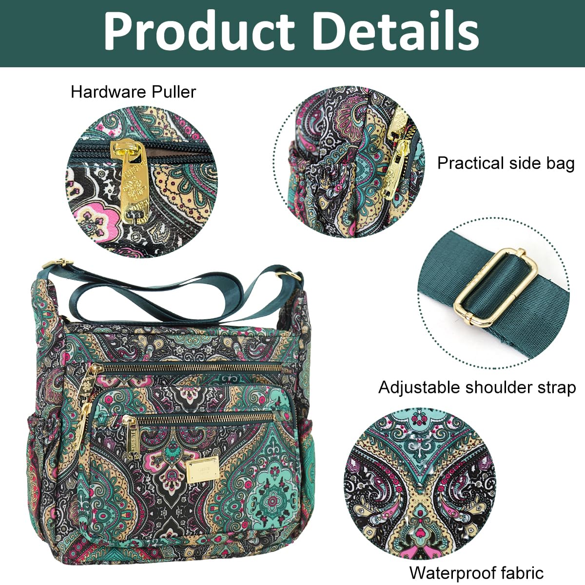 HASTHIP® Bolso Bandolera Mujer Nylon Impermeable Estilo Kipling Mini Crossbody Bag con Múltiples Compartimentos y Correa Ajustable para Viaje y Uso Diario (10.2x3.9x8.2 inch)