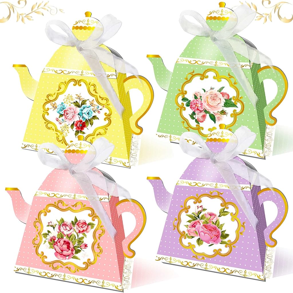 HASTHIP® 12Pcs DIY Paper Candy Bags Cartoon Tea Pot Gift Bags with Ribbons Party Supplies Floral Pattern Paper Teapot Gift Bags for Birthday Party, 3.35x3.35x4.13 inches