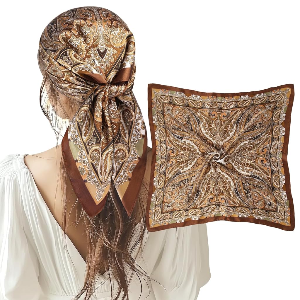 HASTHIP® Pañuelo de Satén 70x70cm Imitación Seda Bufanda para el Cabello Bandana Cuadrada Pañuelo de Cuello Accesorio para Mujer - Marrón