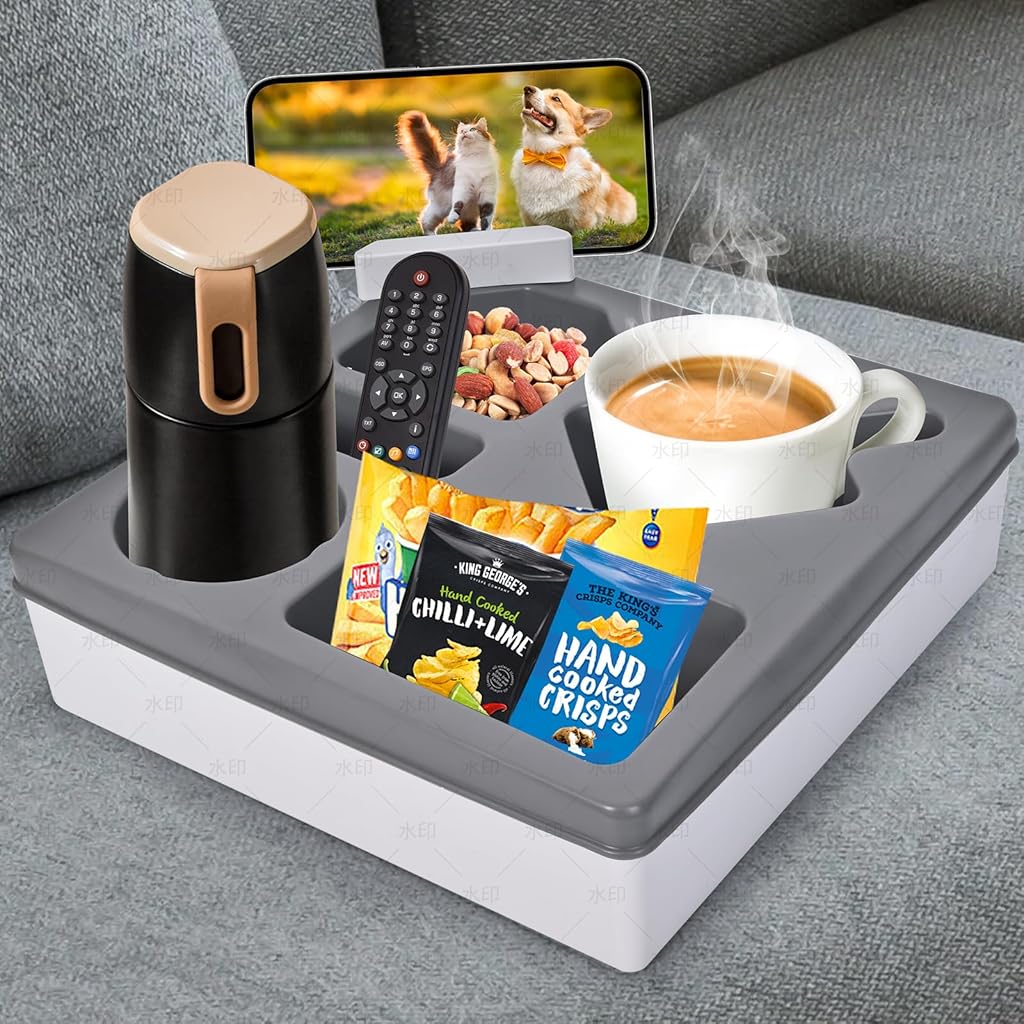 HASTHIP® Car Snack Tray Drink Holder Phone Holder 3 in 1 Car Organizer 5-Compartment Multifunctional Car Food Tray Serving Tray Accessories Organizer Snack Tray for Couch, Car Seat, 27.5x27.5x7.5cm