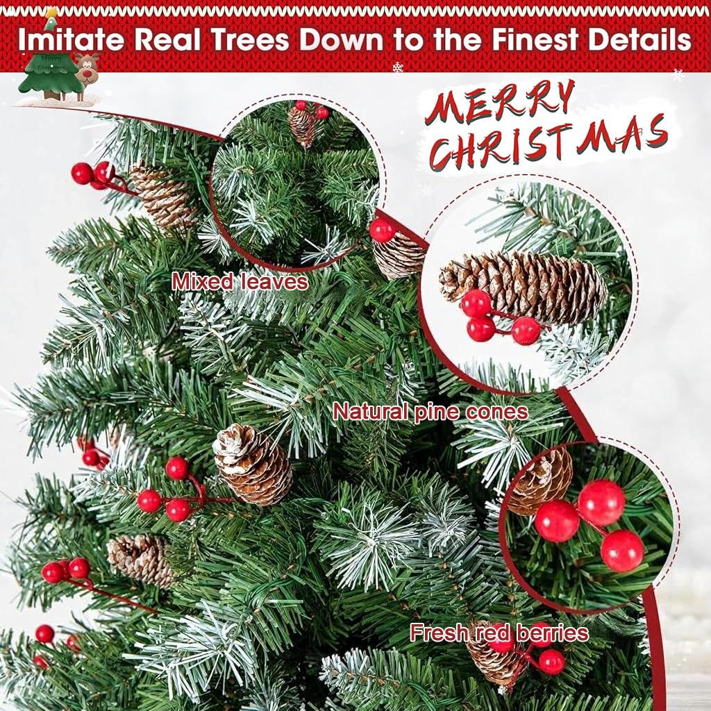 HASTHIP® 150cm Christmas Tree for Home Decor with Snow Flocked Branches, Pinecones & Red Berries, Premium Xmas Trees for Christmas, Office School House Restaurants Store