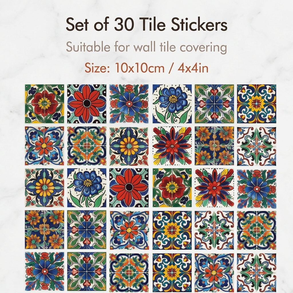 HASTHIP Peel and Stick Tile Decals, 30 Vinyl Stickers, 10 x 10 cm Mediterranean Floral Patterns