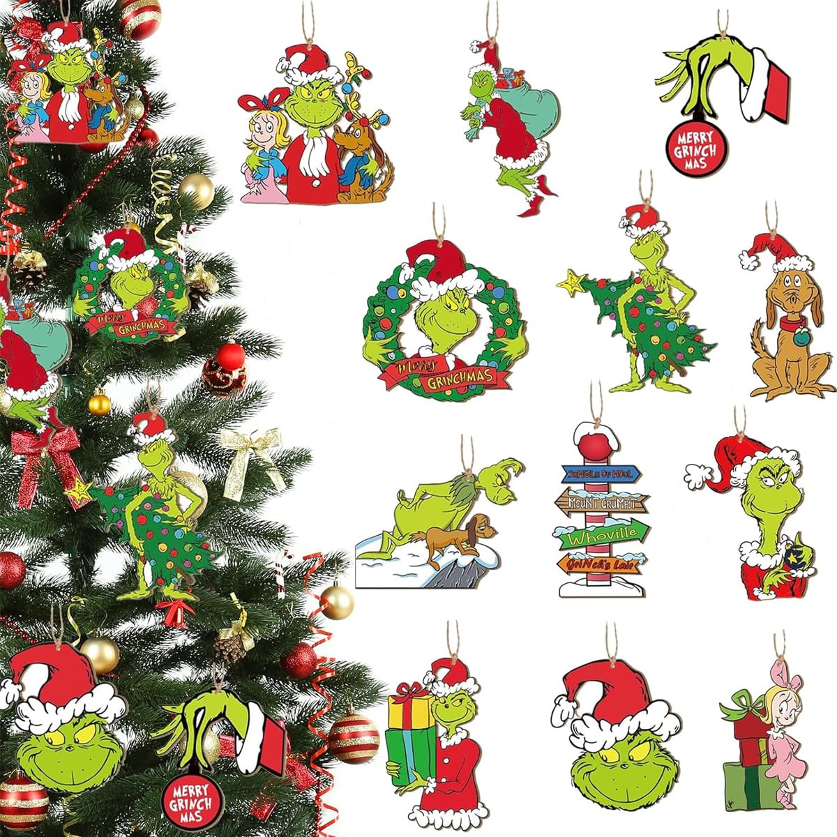 HASTHIP® 24pcs Funny Grinch Christmas Decorations Christmas Tree Wooden Hanging Ornaments Assorted Grinch -themed Christmas Tree Decorations for Home Decor Merry Grinch Mas Party Home Decoration