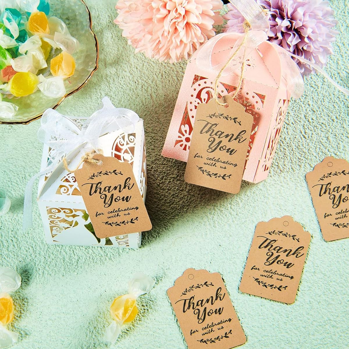 HASTHIP® 100Pcs Thank You Tags for Token Gifts 1.2x2 inches Hard Paper Made Gratitude Label Tags with A Roll of Hemp Lines Gift Packing Tags for Token Gift, Return Gifts, Wedding Token Gift