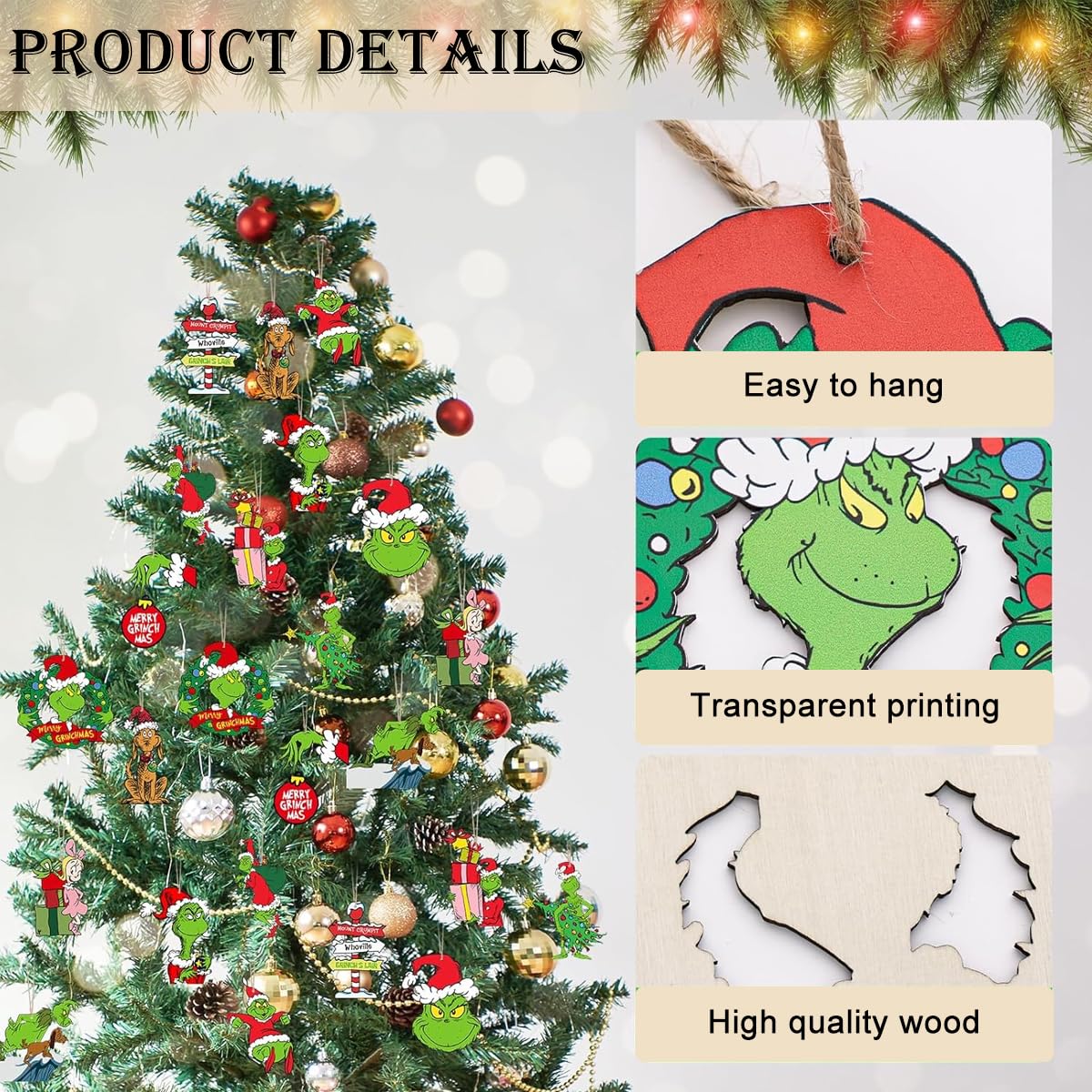 HASTHIP® 24pcs Funny Grinch Christmas Decorations Christmas Tree Wooden Hanging Ornaments Assorted Grinch -themed Christmas Tree Decorations for Home Decor Merry Grinch Mas Party Home Decoration