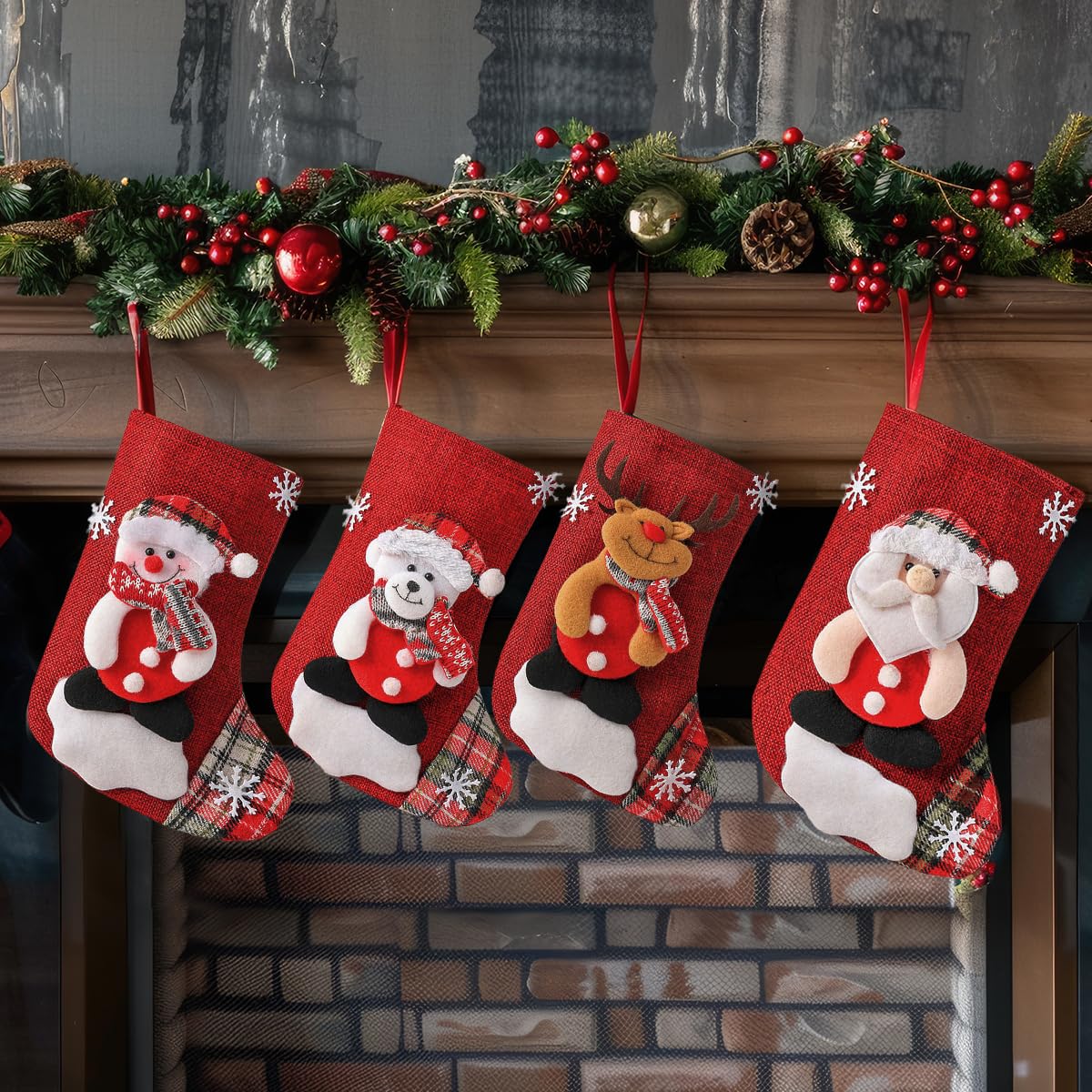 HASTHIP Christmas Stockings for Tree and Fireplace with 4 Designs and Sturdy Hanging Loops | 9×6.2 in Linen Socks