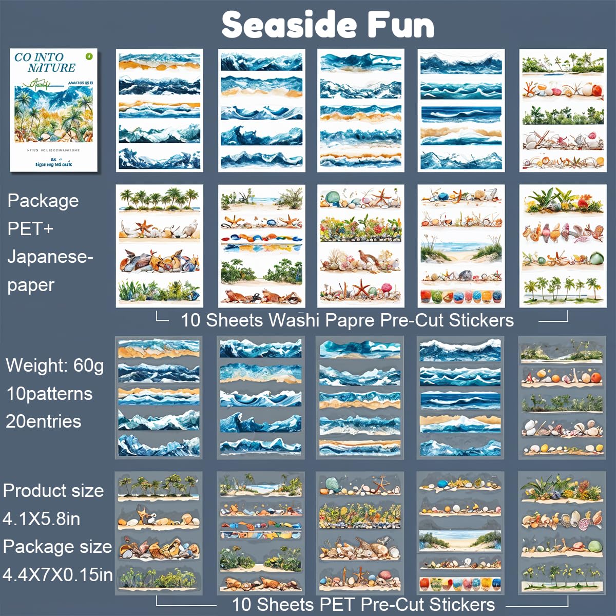 HASTHIP Stickers Set for Journals and Scrapbooking featuring 20 A5 Sheets | Beach Sea Vintage Theme