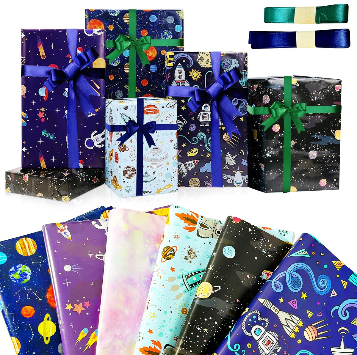 6 Sheets Birthday Wrapping Paper for Kids Girls Boys Women Men, Outer Space Design Wrapping Paper, Gift Wrapping Paper Set for Birthday Party Holiday DIY Crafts Supplies, 27.6 x 19.7 Inch