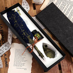 Optifit® Vintage Carving Feather Pen Set, Glittering Quill Pen Set Antique Calligraphy Writing Dip Pen with Black Ink, 2 Replacement Nibs, Pen Stand Base, Luxury Signature Pen