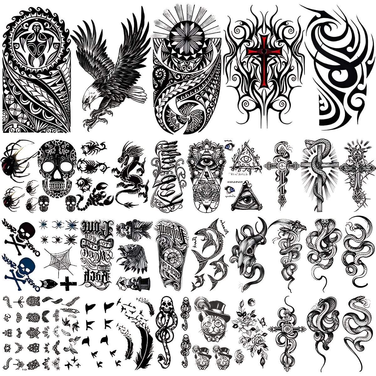 HASTHIP® 35 Hojas Tatuajes Temporales para Hombres, Grandes Tatuajes Negros Impermeables de Bestias, Calcomanías de Serpiente, Águila y Calavera para Brazos, Espalda y Piernas