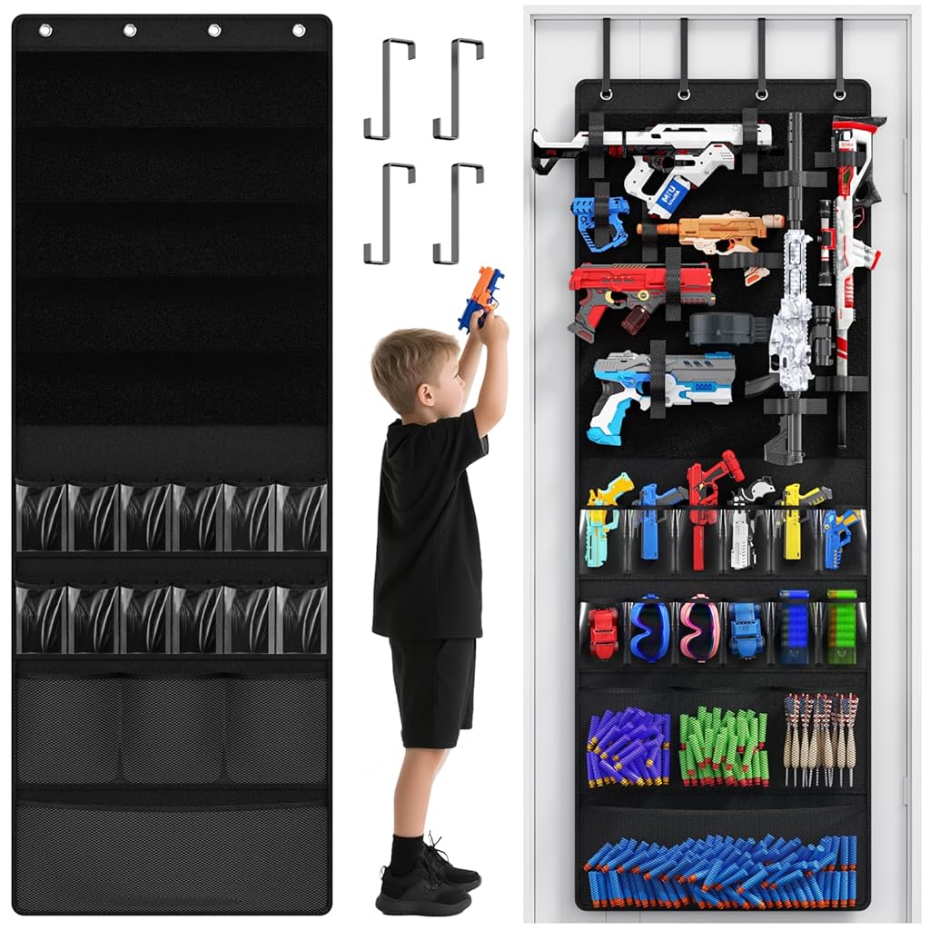 HASTHIP® Over the Door Toy Organizer for Foam Blasters, Darts, Goggles & Accessories, Hanging Storage Holder with Pockets and Slots, Space-Saving Organizer for Kids Room, Playroom, Game Room
