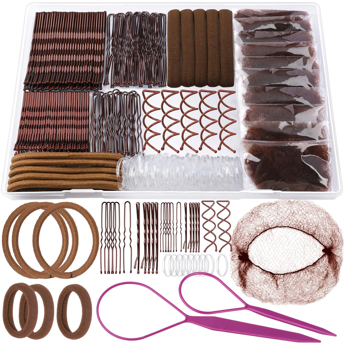 HASTHIP® Juego de horquillas y redes para el cabello,227 pinzas y ganchos en U,redes para moños espirales coletas 2 herramientas de peinado mujeres niñas color marrón café