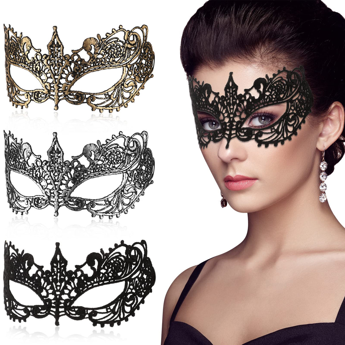 HASTHIP® 3 Piezas Máscaras Venecianas para Mujer,Máscaras de Encaje Negra Dorada Plateada,Antifaz de Fiesta para Halloween Carnaval Baile Disfraces y Eventos Noche