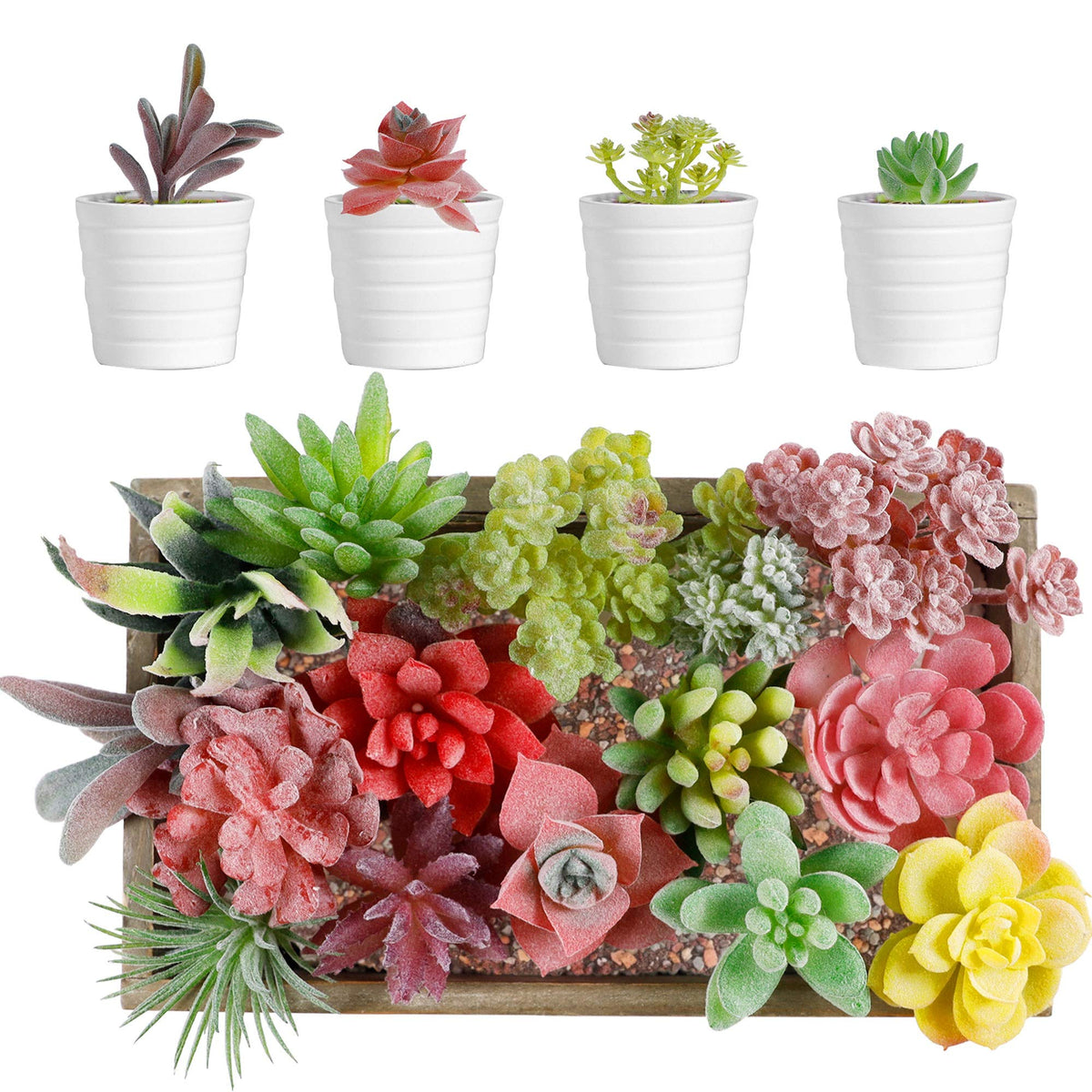 HASTHIP Artificial Succulent Plants for Home Decor with 16 Pcs Flocked PVC Set | Maintenance Free