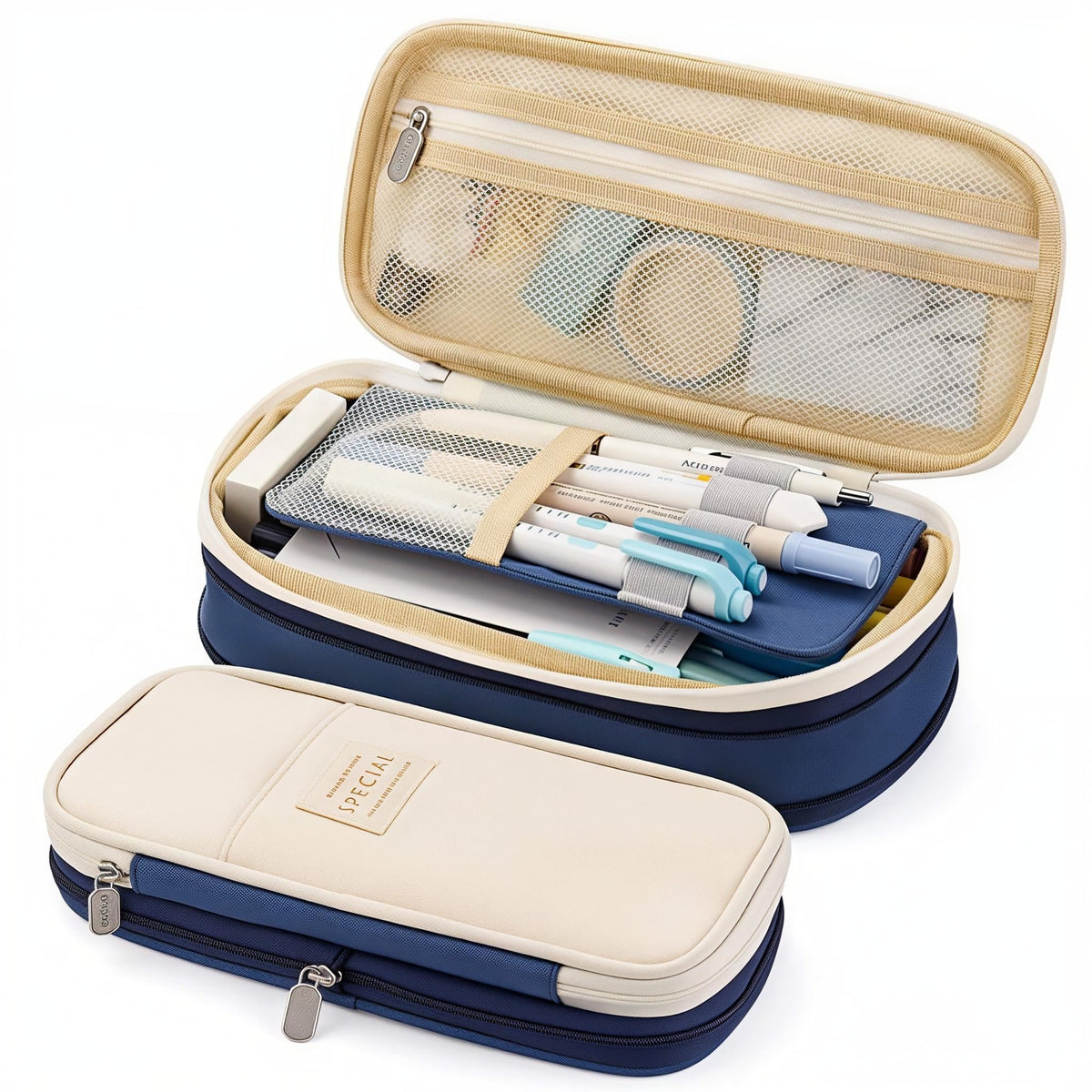 HASTHIP Pencil Pouch for School and Office with Double Zipper Compartments 22x11 cm | Navy Blue Nylon Case