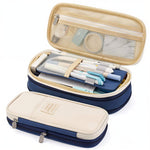 HASTHIP Pencil Pouch for School and Office with Double Zipper Compartments 22x11 cm | Navy Blue Nylon Case