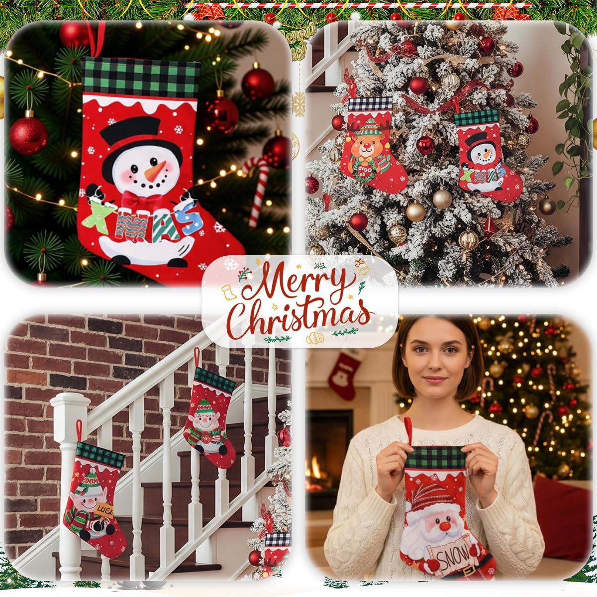 HASTHIP Christmas Stockings Set for Tree and Home Decor with 4 Designs | Santa Reindeer Snowman Style