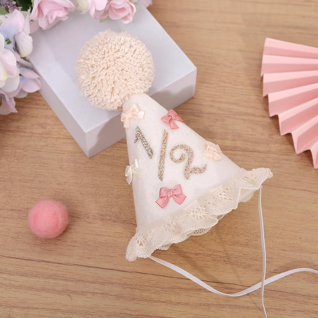 HASTHIP® 1/2 Birthday Party Hat for Baby, Half Birthday Felt Crown with Pom Pom & Lace Trim, Soft Baby-Safe 6 Month Milestone Hat with Elastic Chin Strap for Photoshoot & Celebration.