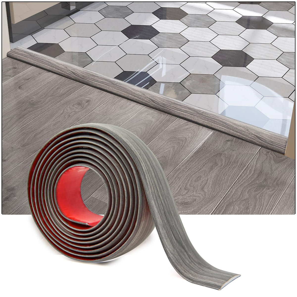 HASTHIP® Floor Transition Strip, Self Adhesive Vinyl Laminate Floor Strip Floor Flat Divider Strip for Joining Floor Gaps, Carpet Threshold, Floor Tiles (47.2 x 1.57 Inches, Gray)