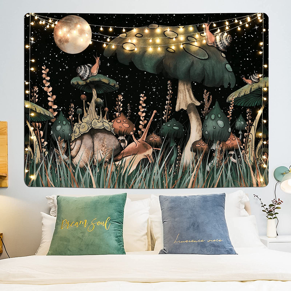 Trippy Mushroom Tapestry, Moon And Stars Tapestry Snail Tapestry Fantasy Plants And Leaves Tapestry Wall Art Tapestry Bed Cover Wall Hanging For Room(51.2 X 59.1 Inches)