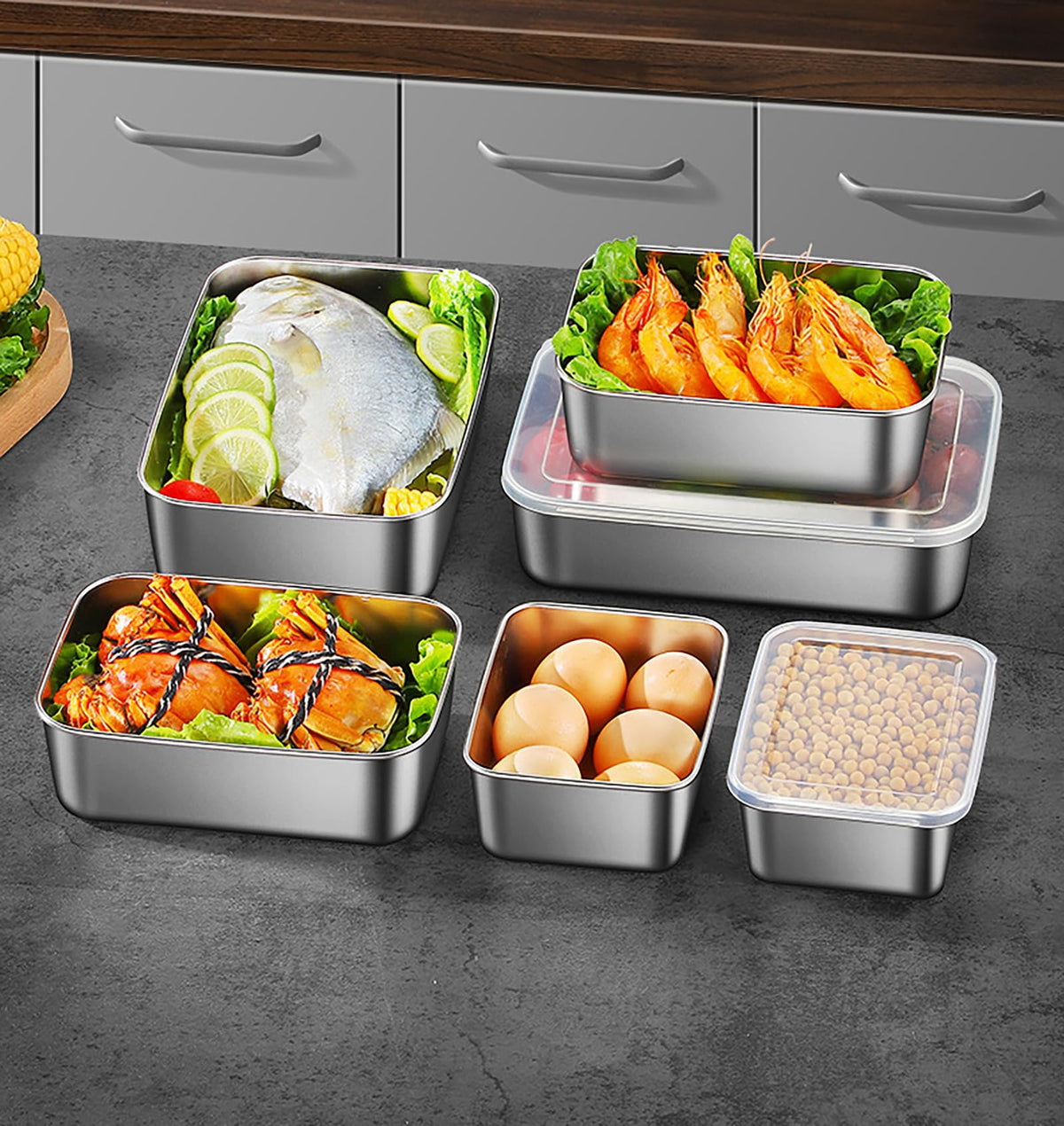 HASTHIP Stainless Steel Food Containers Set for Freezer and Outdoor Use with Clear Leak Proof Lids | 3 Sizes 650ml 1100ml 1700ml