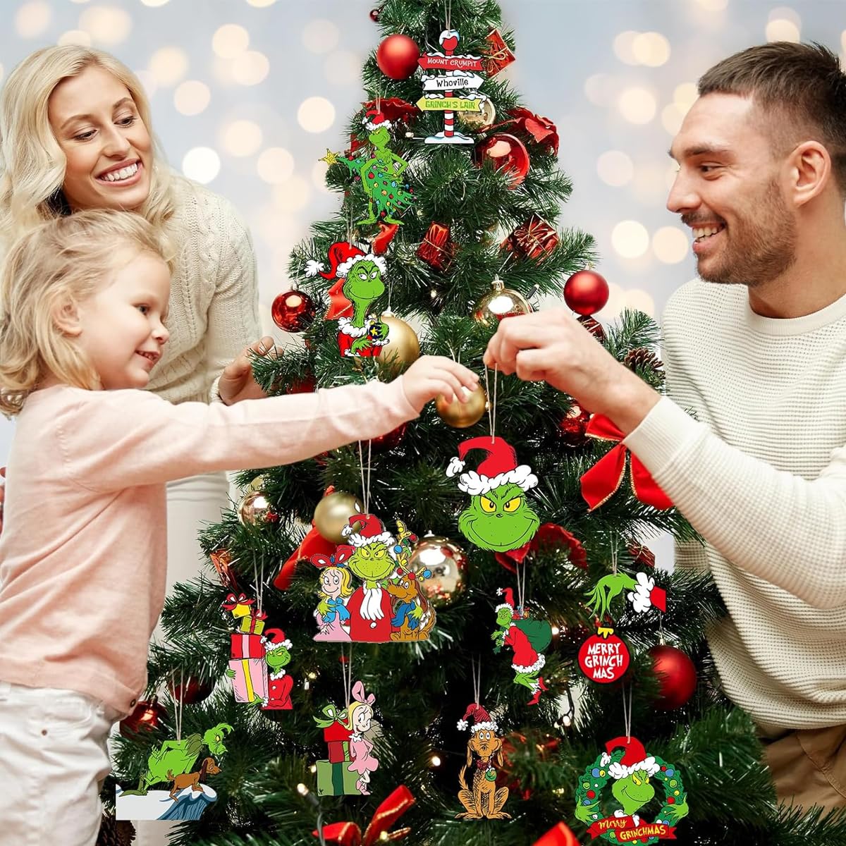 HASTHIP® 24pcs Funny Grinch Christmas Decorations Christmas Tree Wooden Hanging Ornaments Assorted Grinch -themed Christmas Tree Decorations for Home Decor Merry Grinch Mas Party Home Decoration