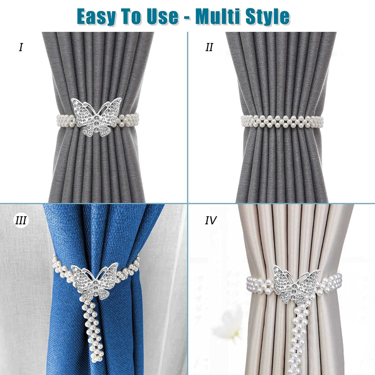 2pcs Curtain Tie Backs Metal TieBacks with Classy Small Pearl Elastic Rope Curtain Holders Tieback for Home Office Hotel Window Drape Decor (Silver)