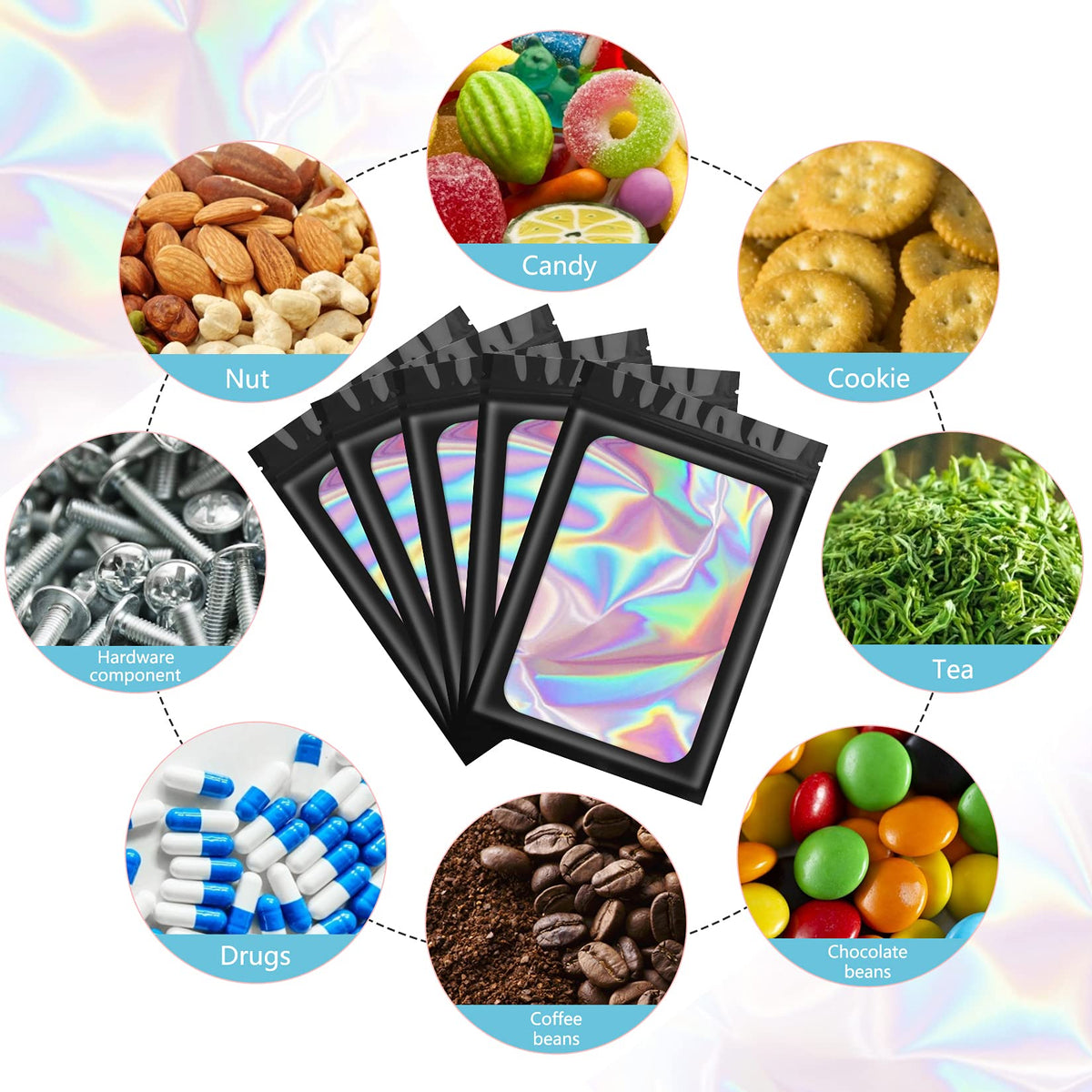 HASTHIP Smell Proof Mylar Bags for Food Storage featuring Resealable Zip & 300PCS 7.5×12cm | Holographic Rainbow Design