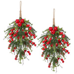HASTHIP® Christmas Teardrop Swags Decorations, 14.9In Artificial Christmas Swag with Red Bowknot & Baubles, Red Berries Hanging Decoration for Winter Home Holiday Wall Party Xmas Decor