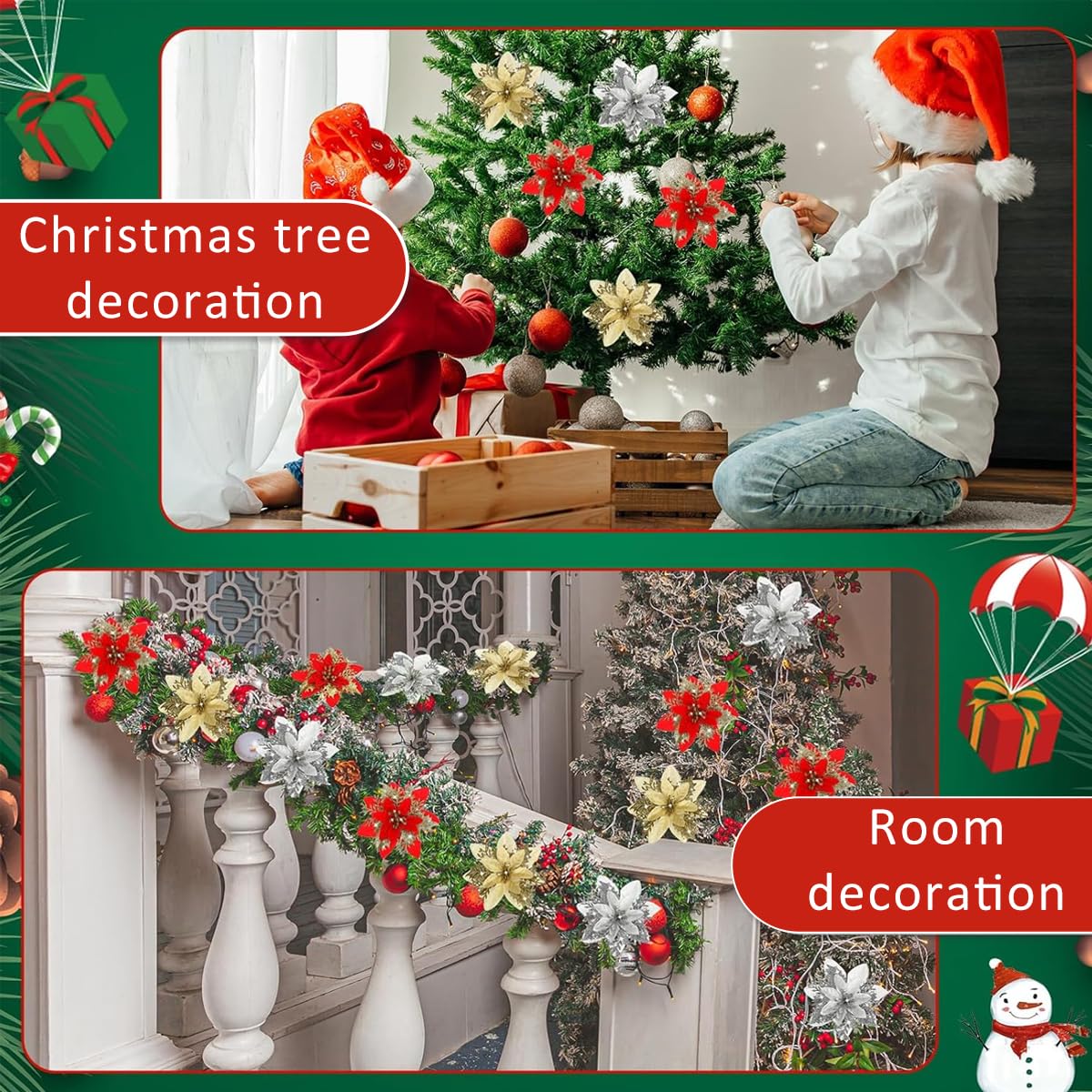 HASTHIP Christmas Poinsettia Flowers for Tree and Home Decor 12 pcs featuring 4 designs | 5.5 in ornaments in red and gold