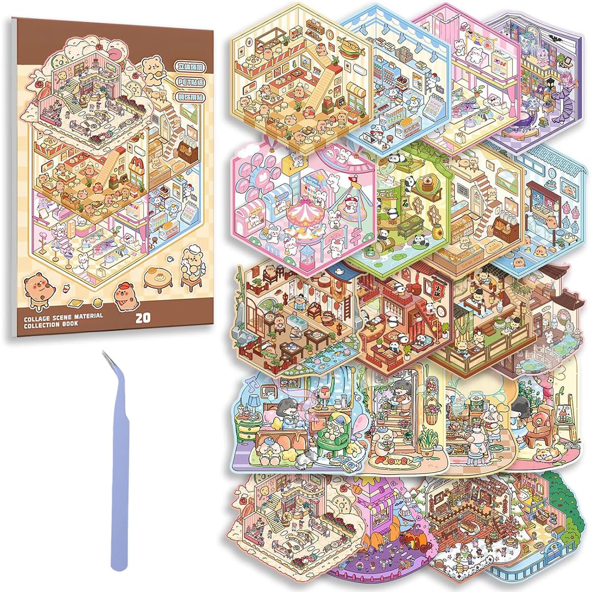 HASTHIP 3D House Paper Stickers Set for Kids with 20 Pcs and Precision Tweezer | Reusable DIY Scene Toy