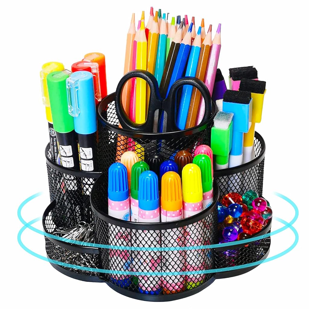 HASTHIP® Pen Stand Pen Organizer for Study Table,360° Rotating Mesh Desk Organizer with 7 Compartments