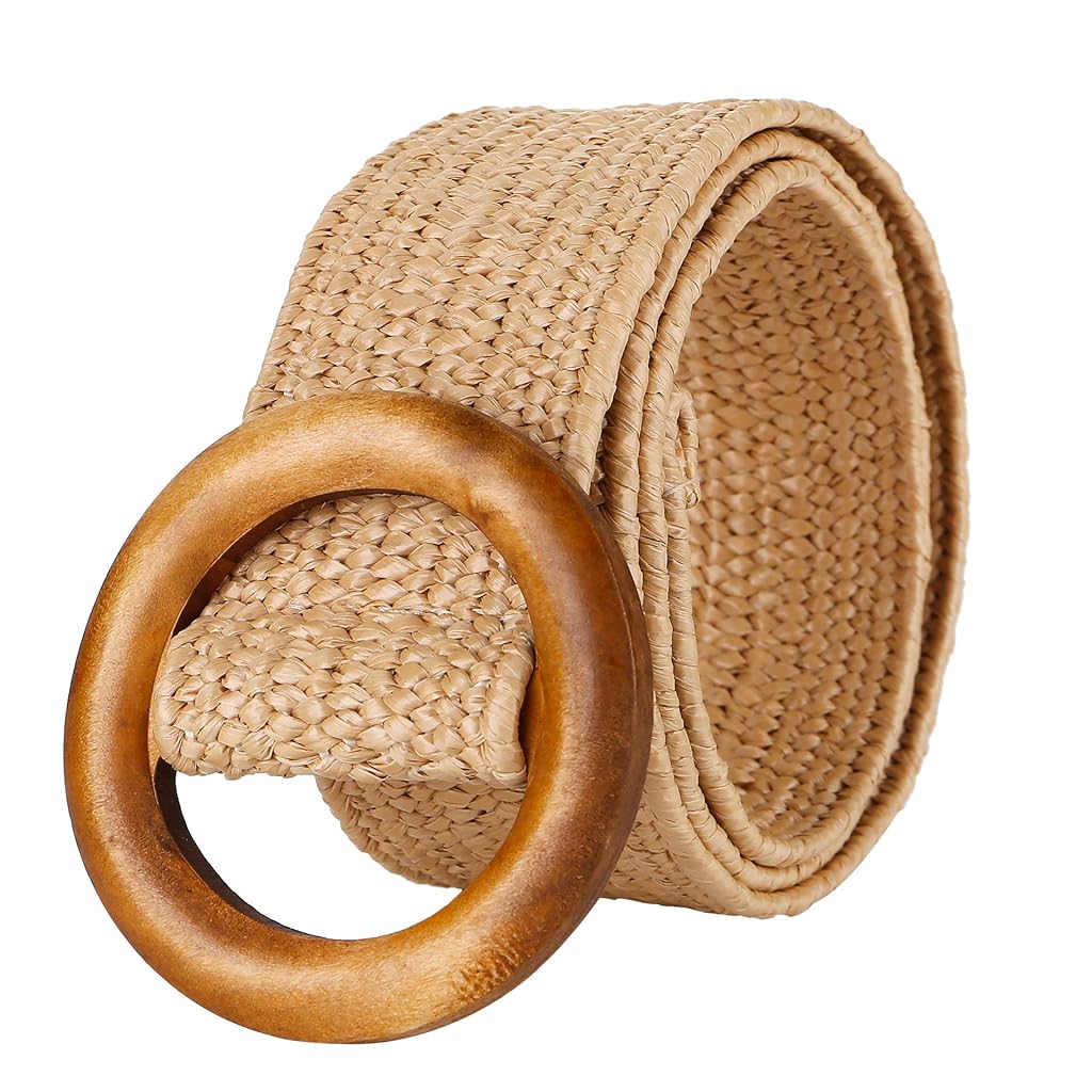 HASTHIP® Belt for Women Woven Rattan Wide Stretch Straw Belts Beige Boho Adjustable Waist Belt for Woman