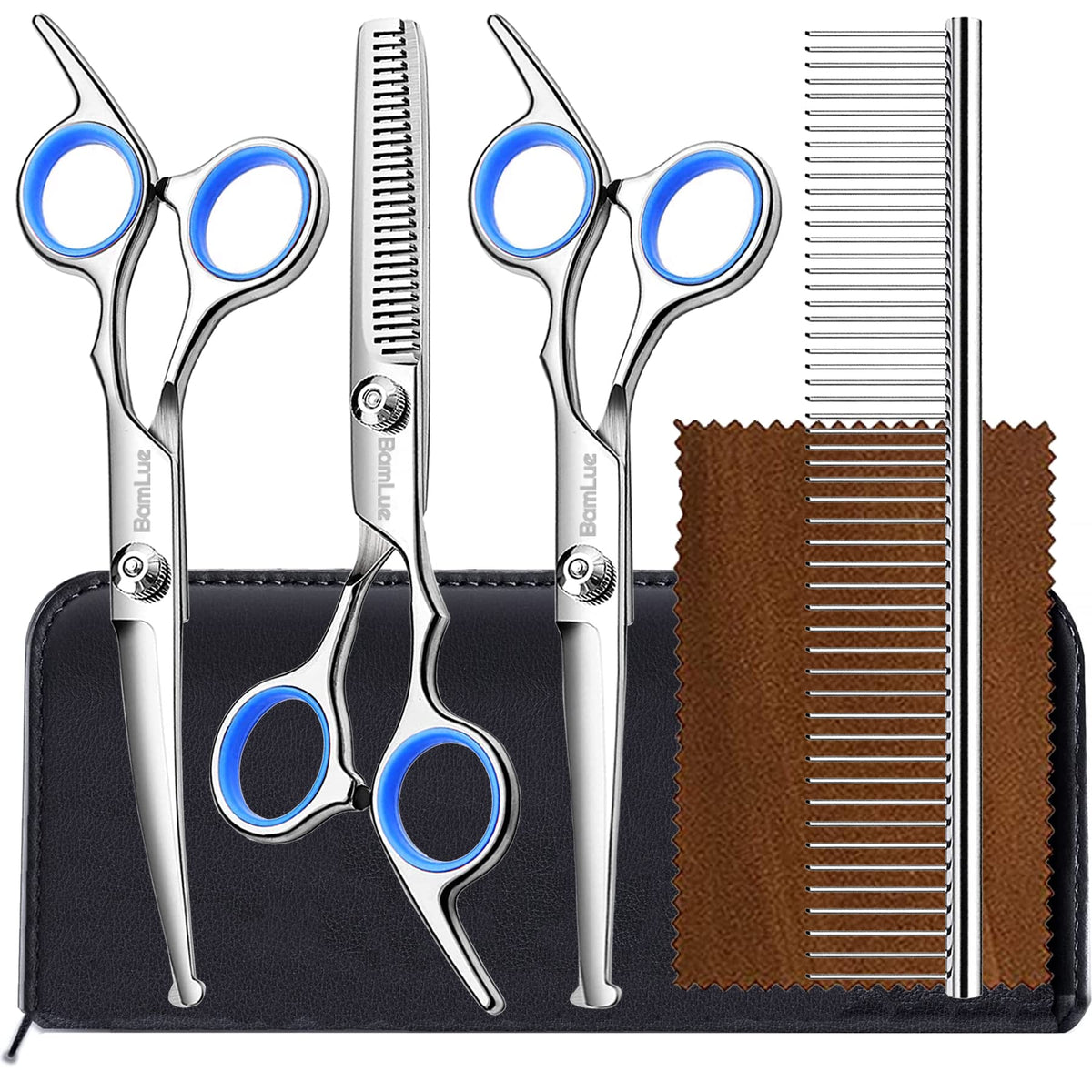 HASTHIP® Tijeras Profesionales para Perros 6 en 1,Juego de Corte de Pelo para Mascotas Acero Inoxidable 4CR con Punta Redondeada Segura,Tijeras Curvas Dentadas y Rectas Peine y Estuche