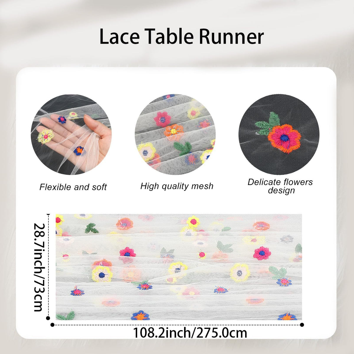 HASTHIP Table Runner for Dining and Wedding with Embroidered Daisy Lace 29 x 108 in | White Tulle Decor