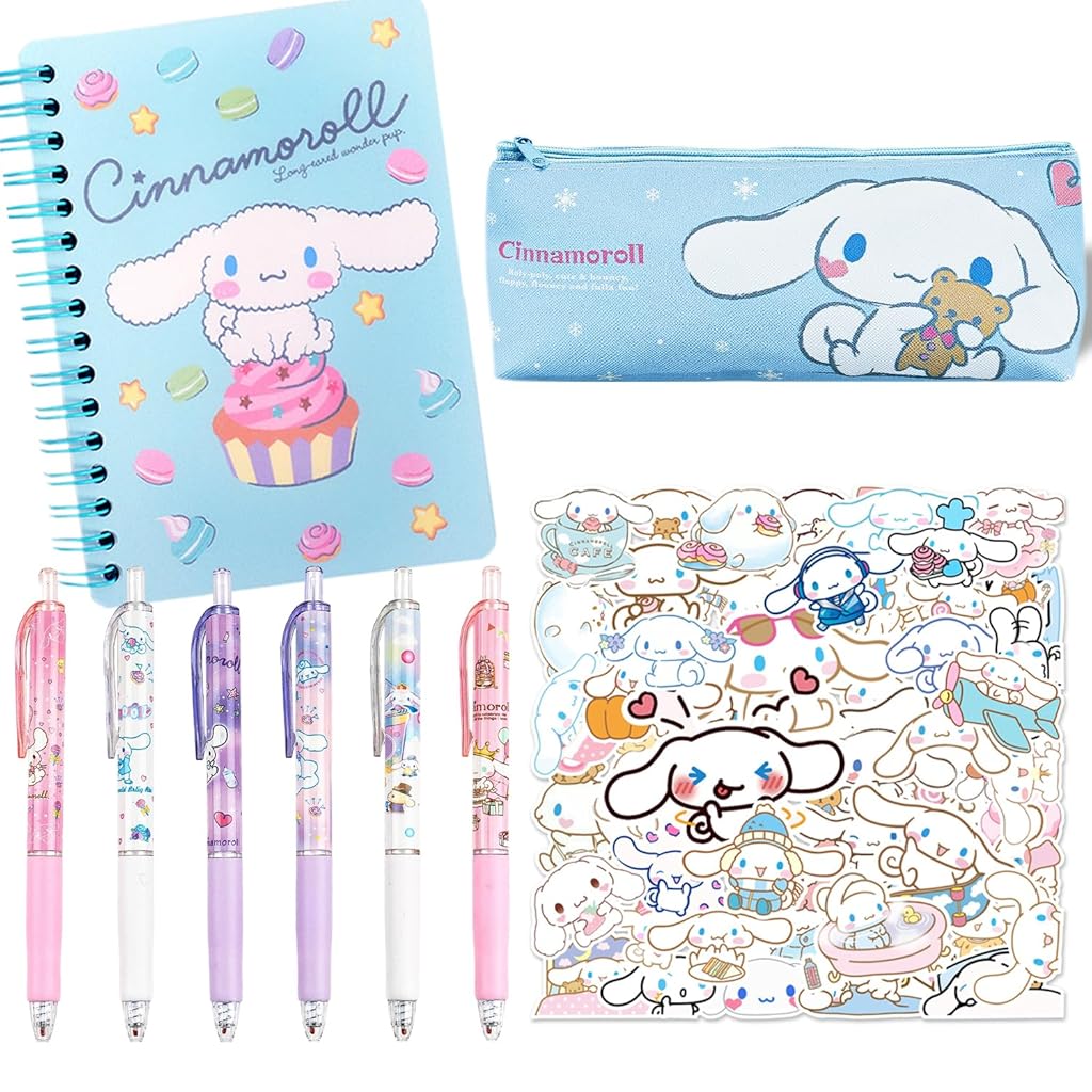 HASTHIP® 9Pcs Kawaii CinnamorollSchool Supplies Set, Kawaii Stationeries Supplies Set with Notebook, Pencil Pouch, Click Pens, Assorted Cinnamoroll Cartooon Stickers, Girls School Gift Set