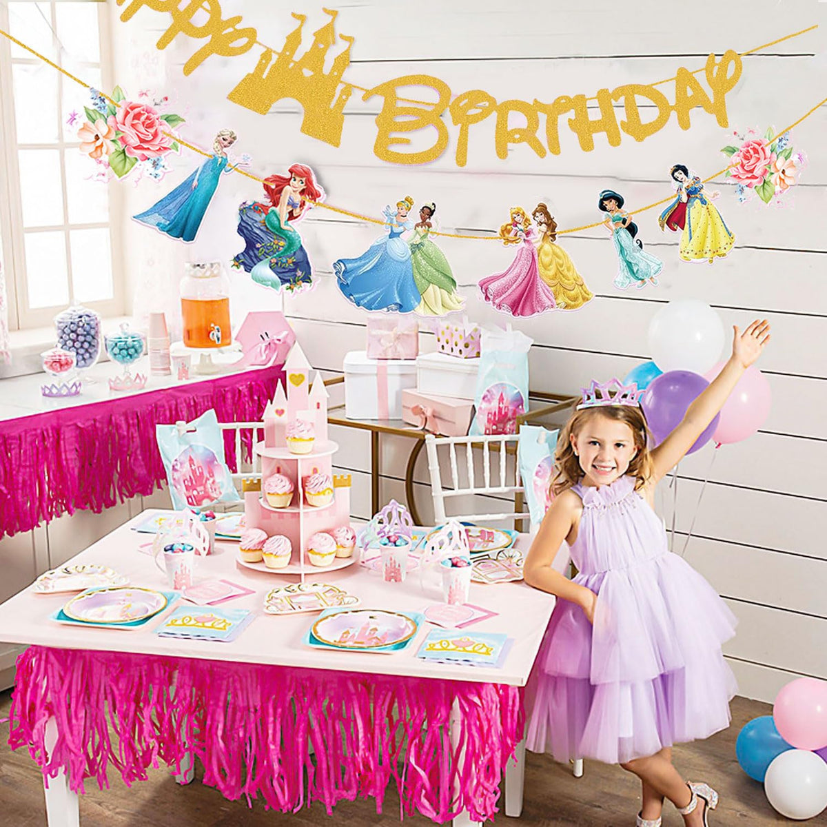 HASTHIP Princess Birthday Decoration Kit for Girls with 46 Pcs Banner and Hanging Decor | Pink Gold Party Supplies