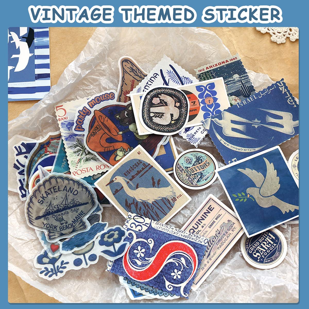 HASTHIP Scrapbook Stickers Kit for Journaling with 84 Paper Pieces including Notebook and Frames | Blue Vintage DIY Supplies