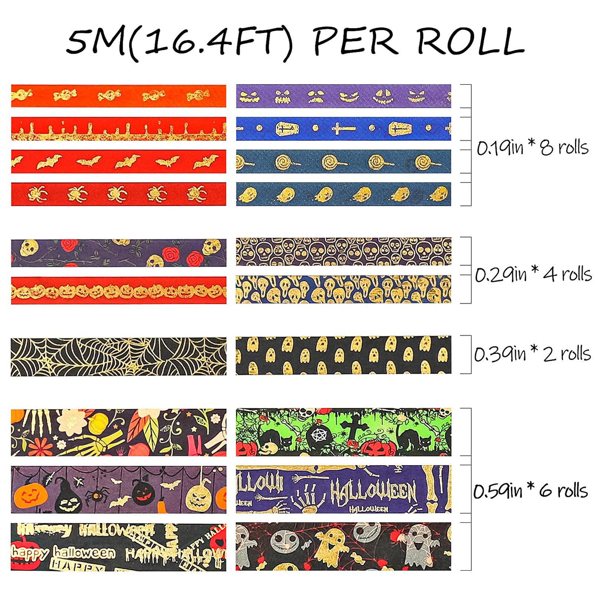 20 Roll Washi Tape Halloween Element Washi Tape Set Aesthetic Decorative Tape Washi Tape Set with Skull, Black Bat, Pumpkin Perfect for Bullet Journal, Scrapbook,Junk Journal