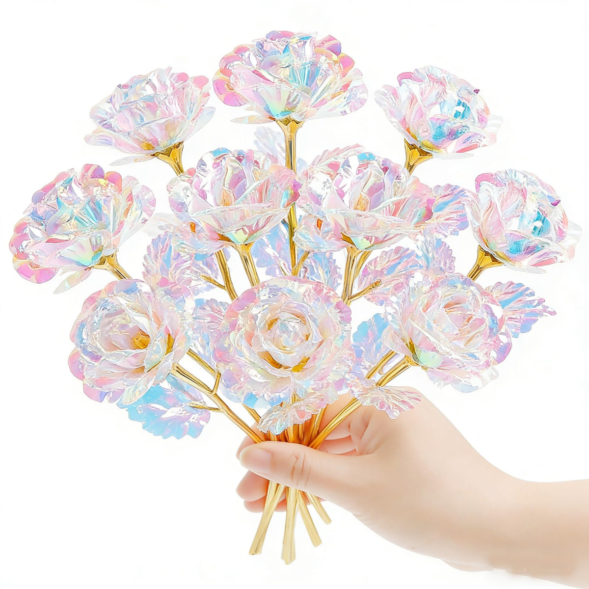 HASTHIP® Zibuyu 10Pcs Rosas Artificiales Iridiscentes, Flores Falsas con Aspecto Cristalino y Tallos y Hojas Dorados, Ramo Brillante para Regalos, Bodas y Decoración del Hogar, 7.5x25cm
